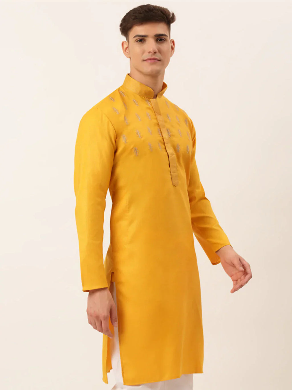 Jompers Men's Cotton Embroidered Kurta - Mustard