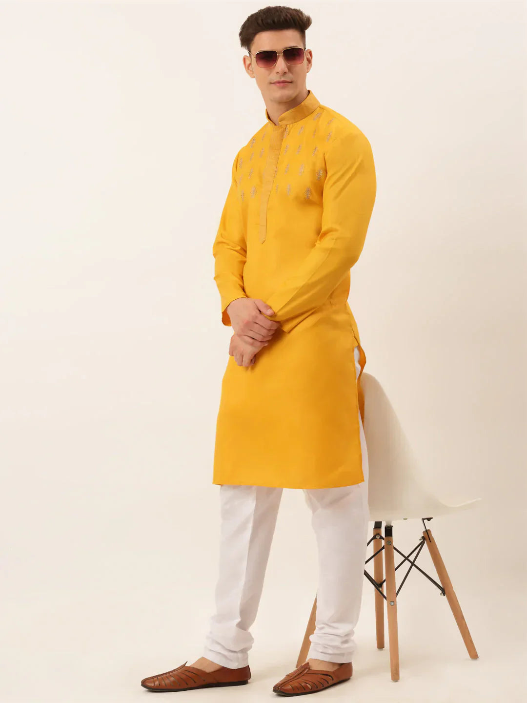 Jompers Men's Cotton Embroidered Kurta - Mustard