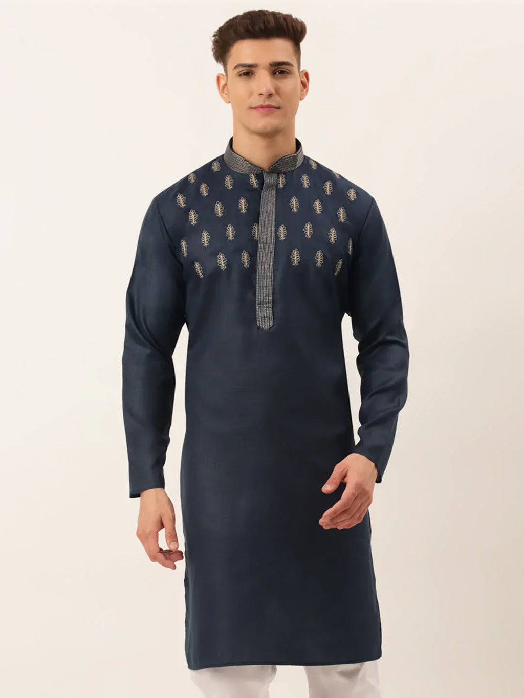 Jompers Men's Cotton Embroidered Kurta - Navy Blue