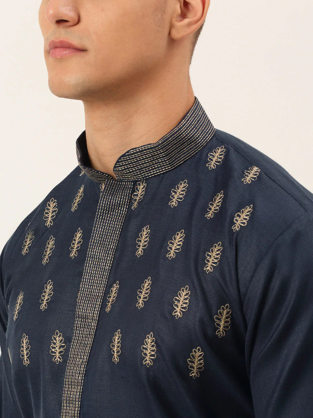 Jompers Men's Cotton Embroidered Kurta - Navy Blue