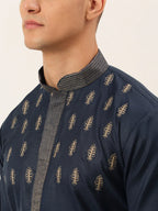 Jompers Men's Cotton Embroidered Kurta - Navy Blue