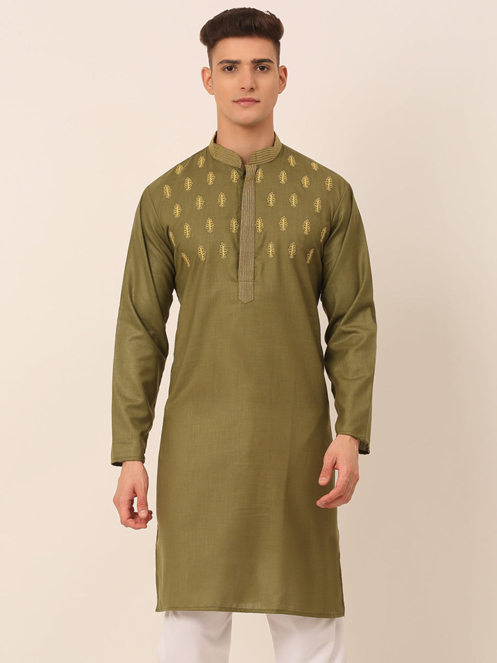 Jompers Men's Olive Green Embroidered Kurta