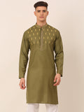 Jompers Men's Olive Green Embroidered Kurta