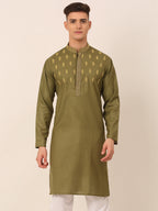 Jompers Men's Olive Green Embroidered Kurta