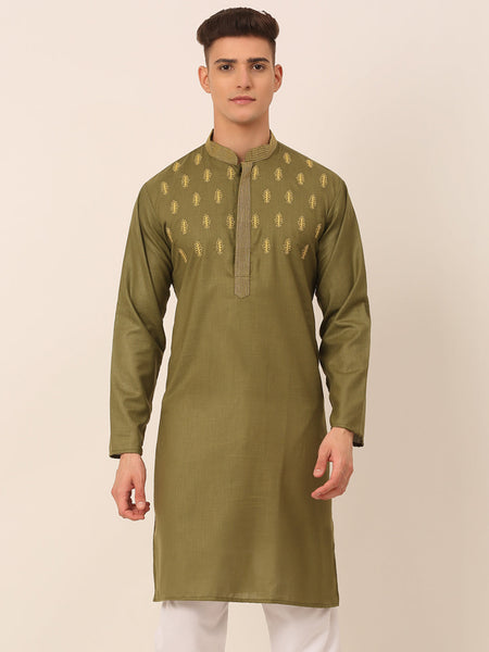 Jompers Men's Olive Green Embroidered Kurta