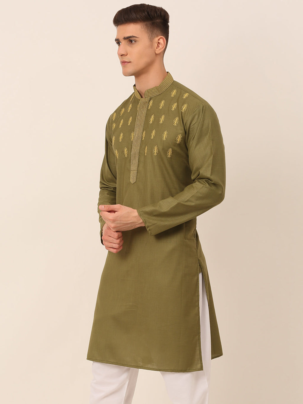 Jompers Men's Olive Green Embroidered Kurta