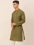 Jompers Men's Olive Green Embroidered Kurta