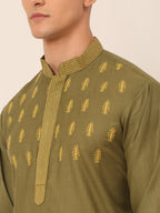 Jompers Men's Olive Green Embroidered Kurta