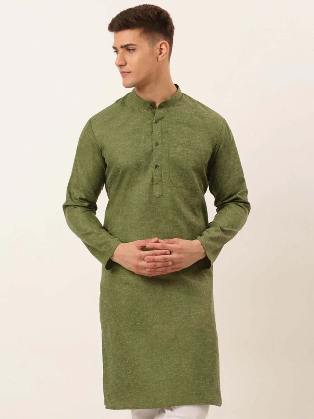 Jompers Men's Cotton Solid Kurta - Olive