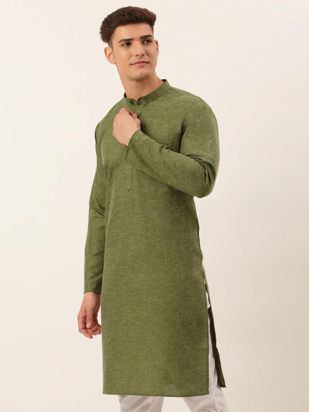 Jompers Men's Cotton Solid Kurta - Olive