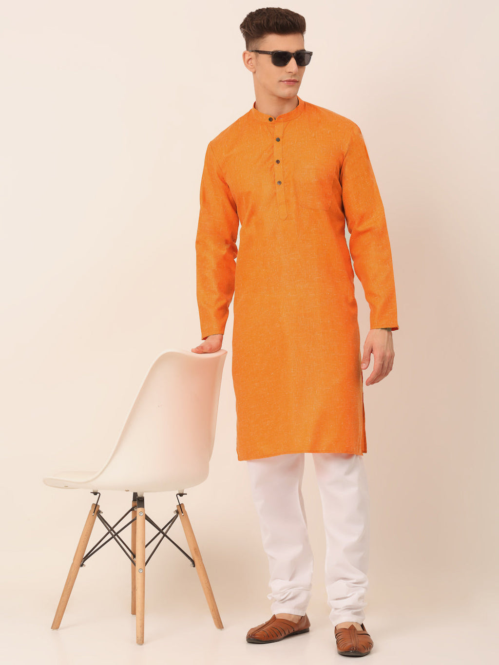 Jompers Men's Cotton Solid Kurta - Orange