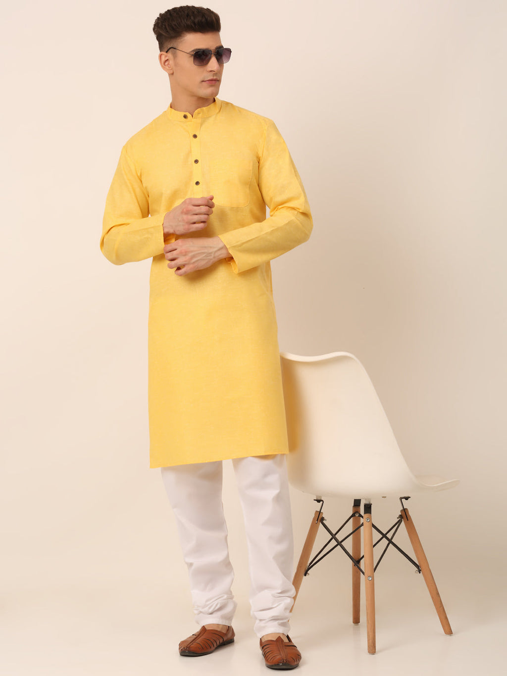 Jompers Men's Cotton Solid Kurta - Yellow