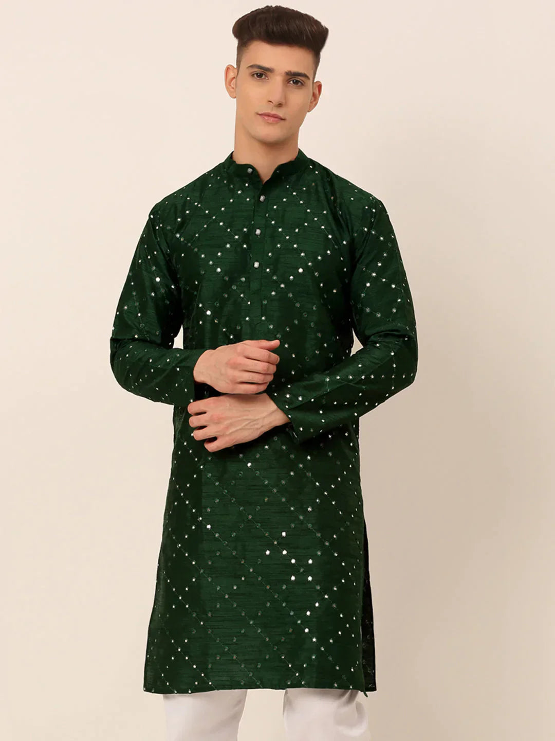 Jompers Men's Green Mirror Work Kurta Only
