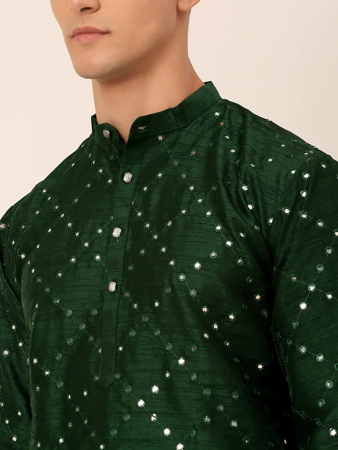 Jompers Men's Green Mirror Work Kurta Only