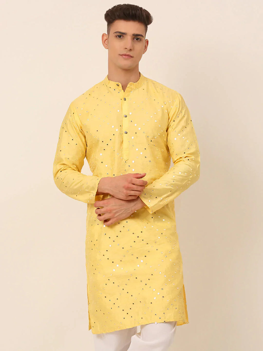 Jompers Men's Lemon Mirror Work Kurta Only