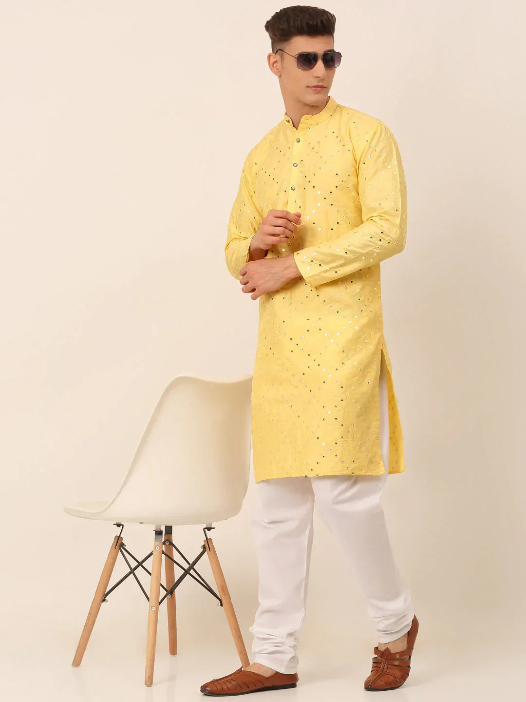 Jompers Men's Lemon Mirror Work Kurta Only