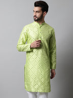 Jompers Men's Lime Green Embroidered Mirror Work Dupion Silk Kurta