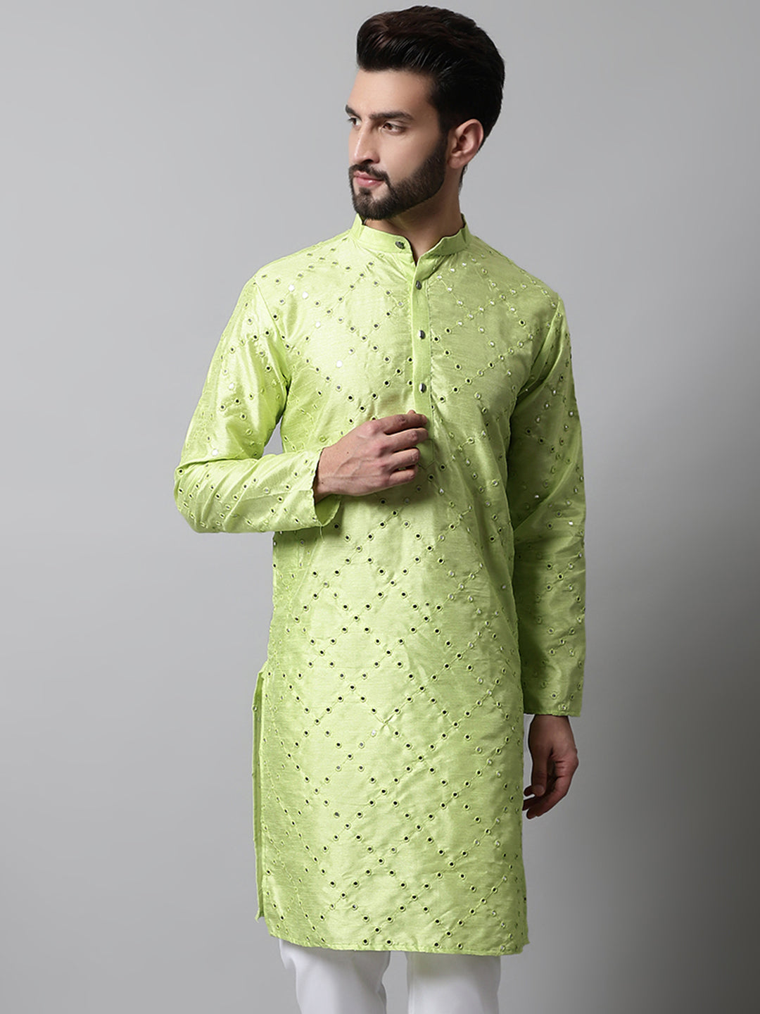 Jompers Men's Lime Green Embroidered Mirror Work Dupion Silk Kurta