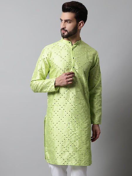 Jompers Men's Lime Green Embroidered Mirror Work Dupion Silk Kurta