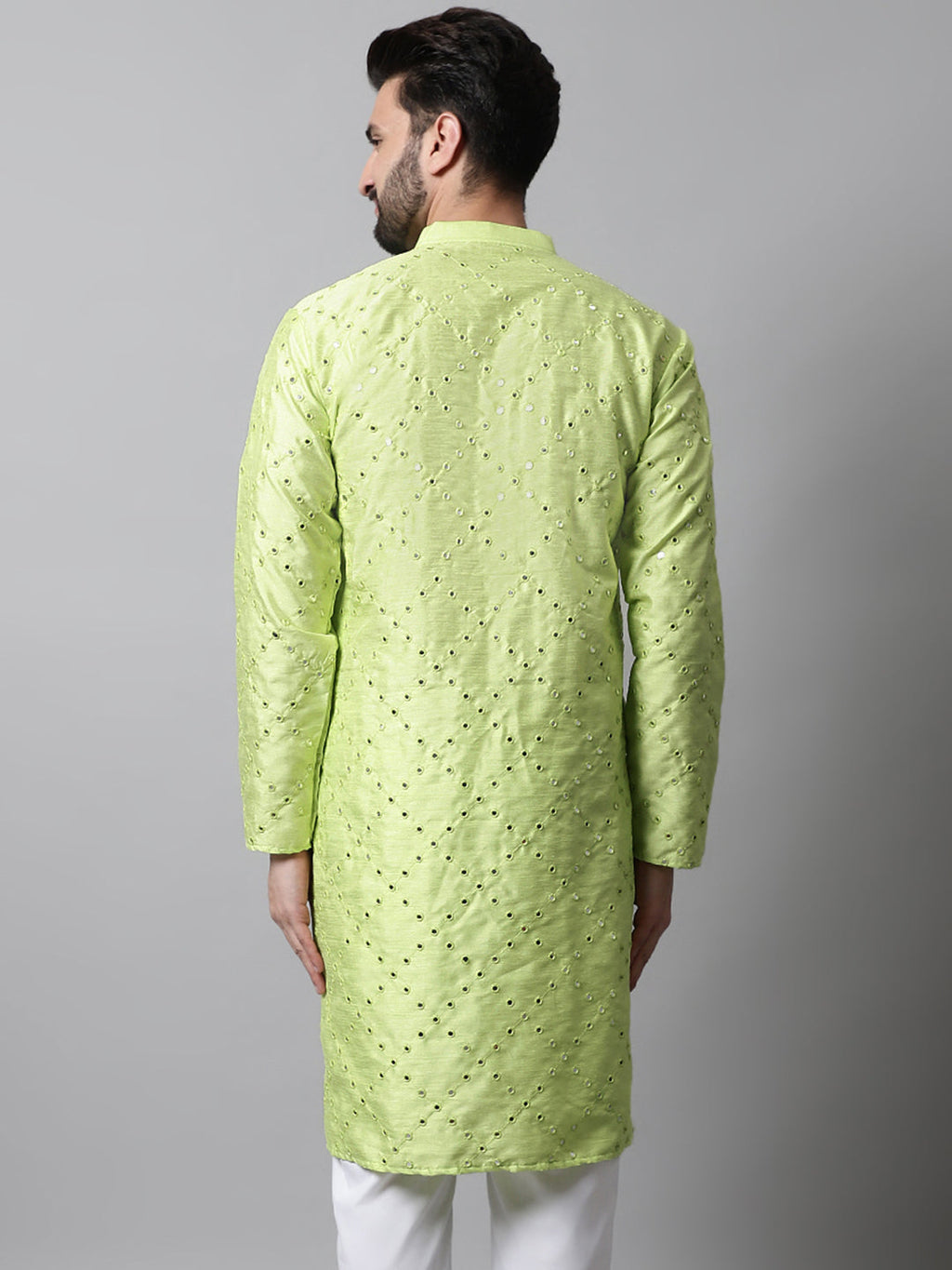 Jompers Men's Lime Green Embroidered Mirror Work Dupion Silk Kurta