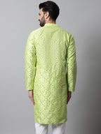 Jompers Men's Lime Green Embroidered Mirror Work Dupion Silk Kurta