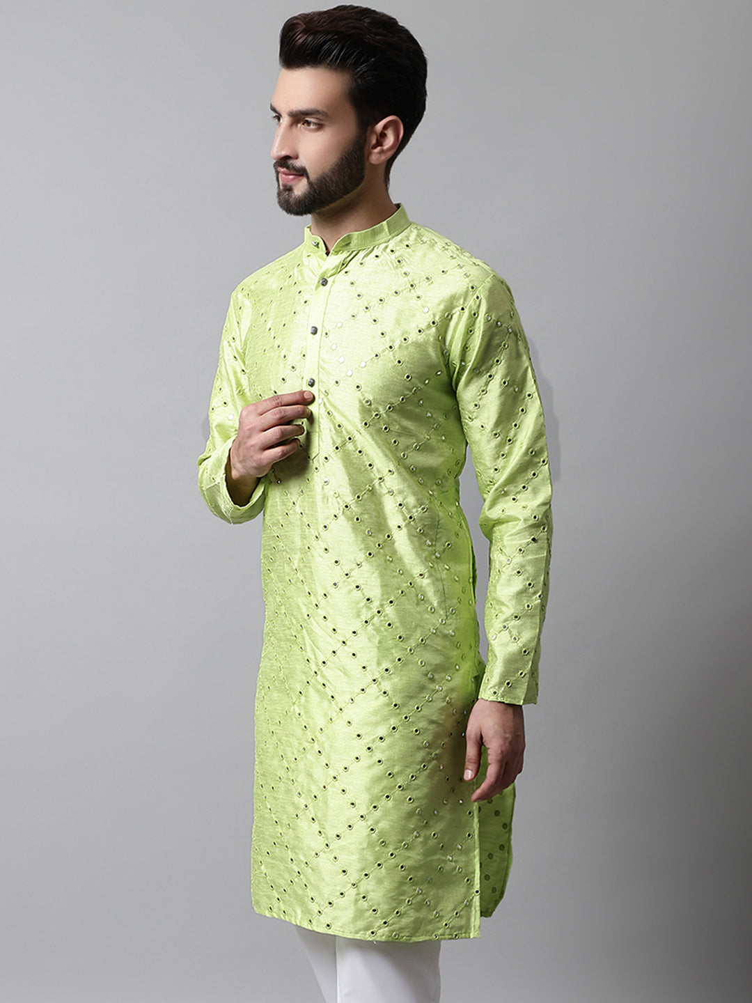 Jompers Men's Lime Green Embroidered Mirror Work Dupion Silk Kurta