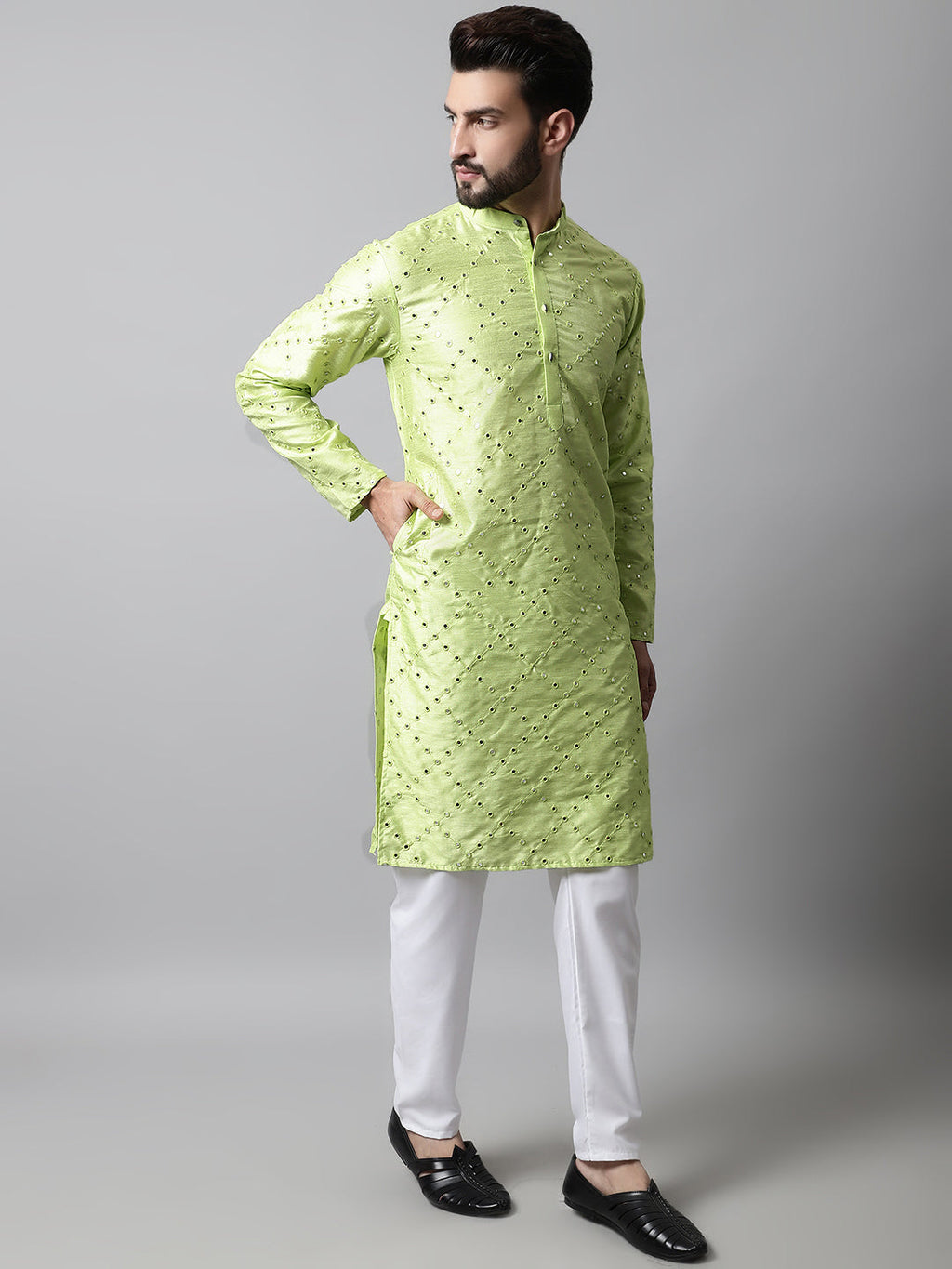 Jompers Men's Lime Green Embroidered Mirror Work Dupion Silk Kurta