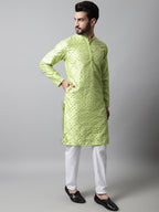 Jompers Men's Lime Green Embroidered Mirror Work Dupion Silk Kurta