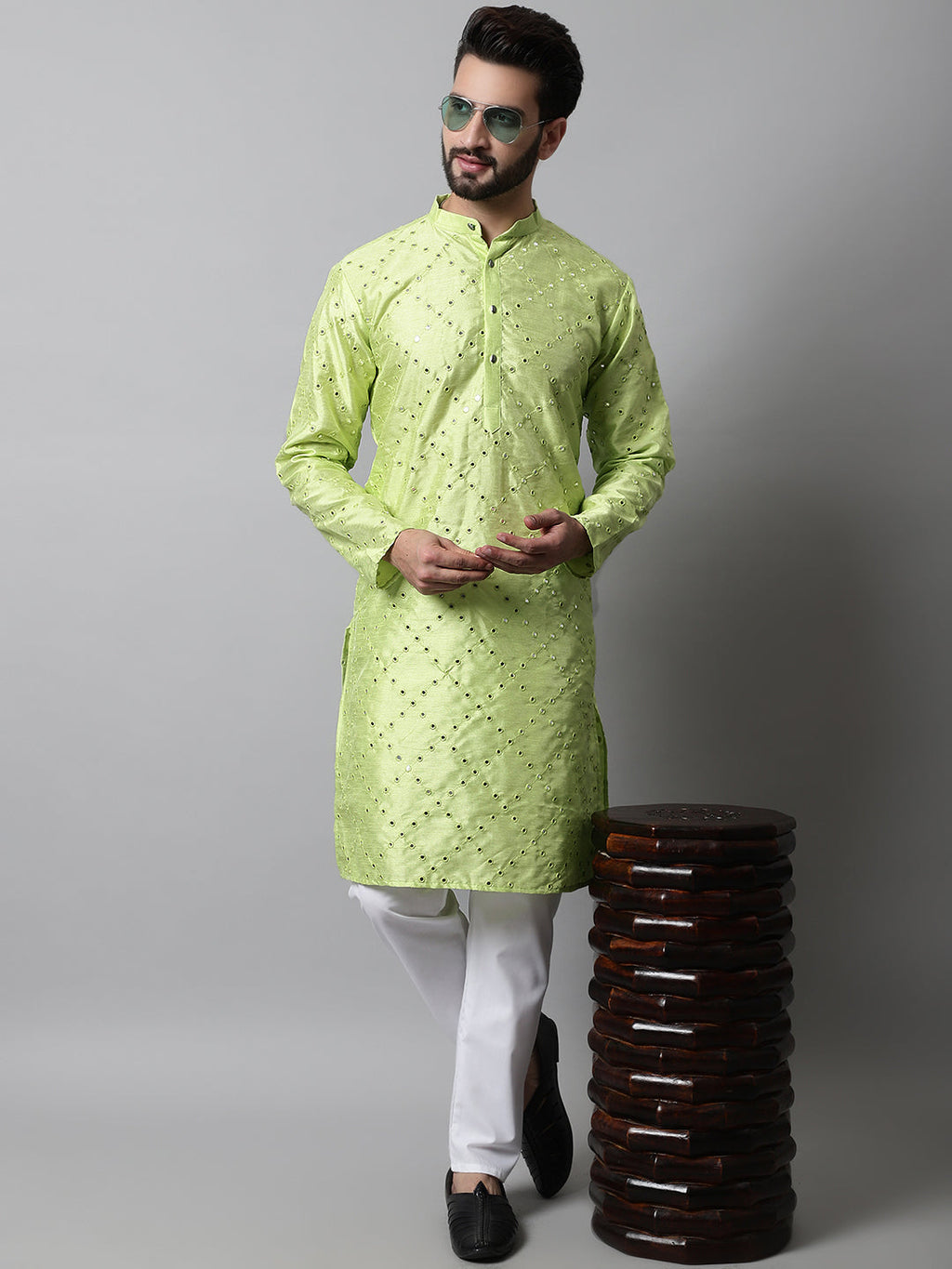 Jompers Men's Lime Green Embroidered Mirror Work Dupion Silk Kurta