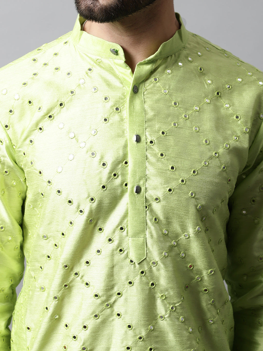 Jompers Men's Lime Green Embroidered Mirror Work Dupion Silk Kurta