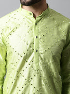 Jompers Men's Lime Green Embroidered Mirror Work Dupion Silk Kurta