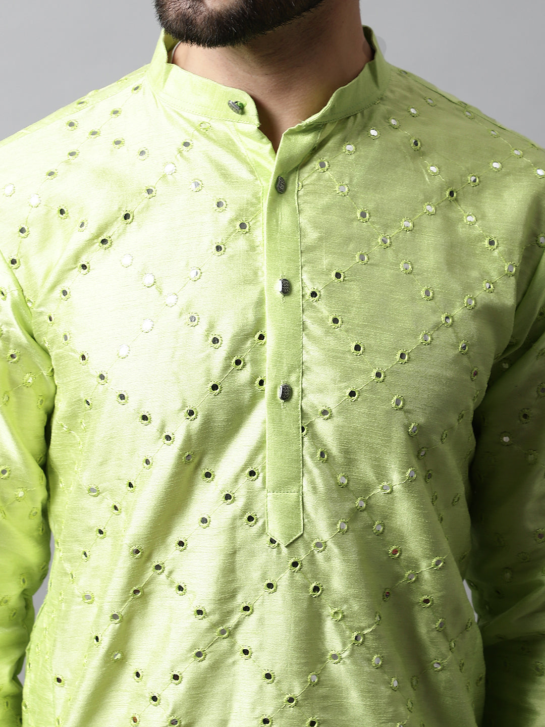 Jompers Men's Lime Green Embroidered Mirror Work Dupion Silk Kurta