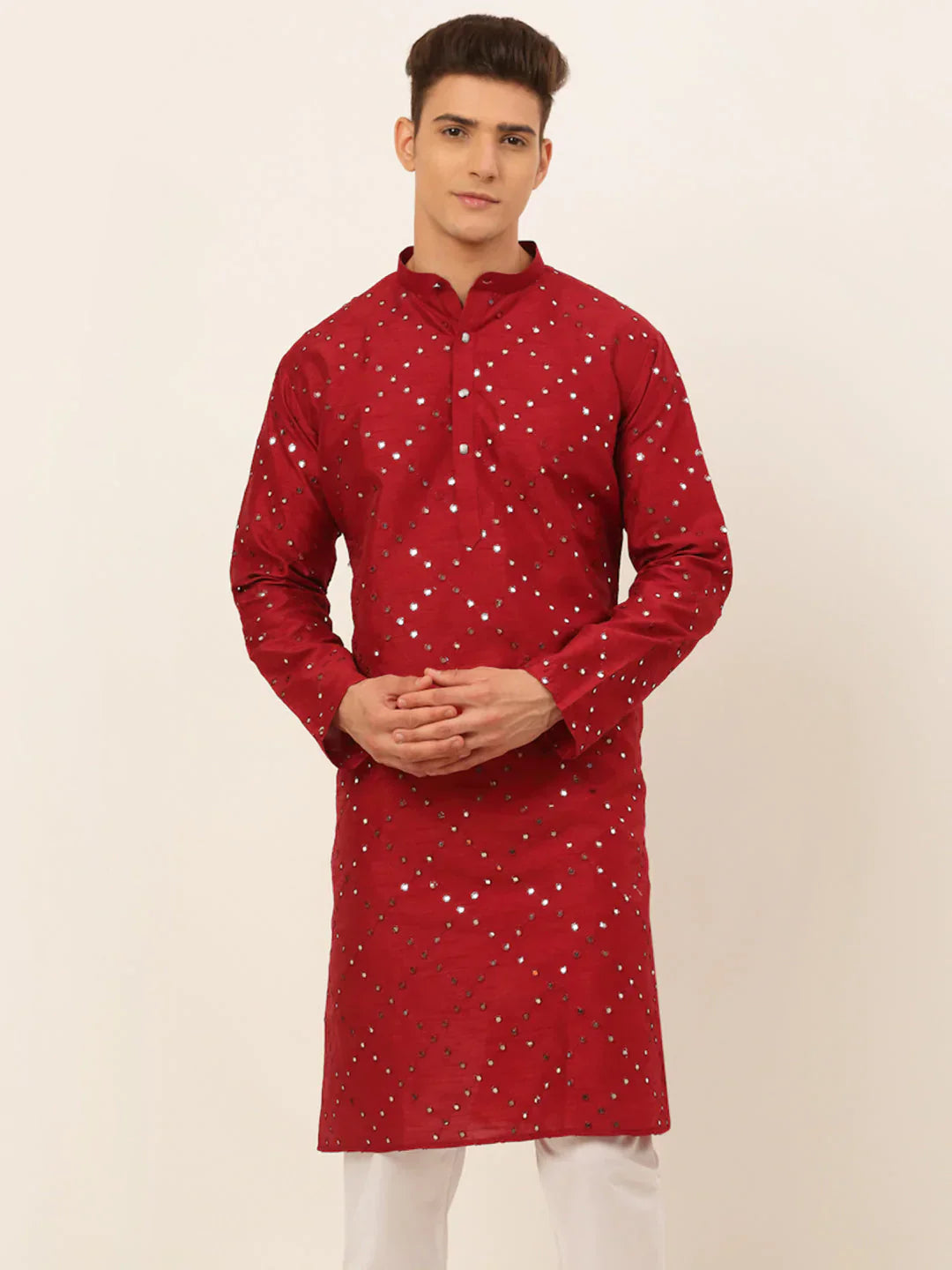 Jompers Men's Maroon Mirror Work Kurta Only