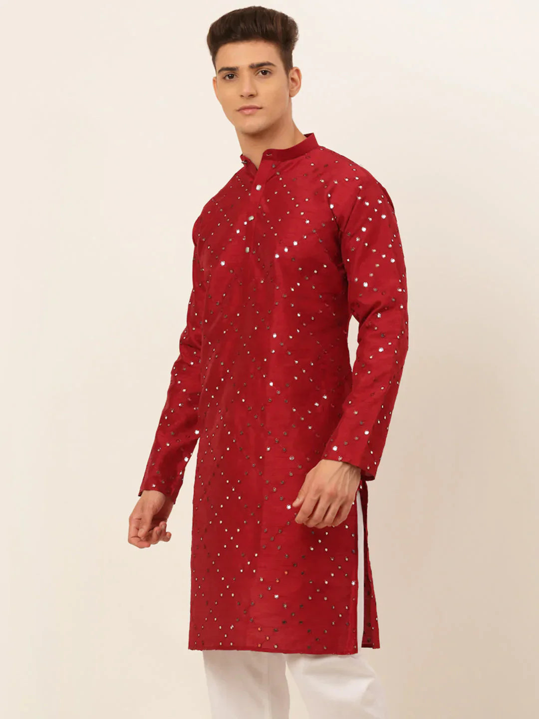 Jompers Men's Maroon Mirror Work Kurta Only