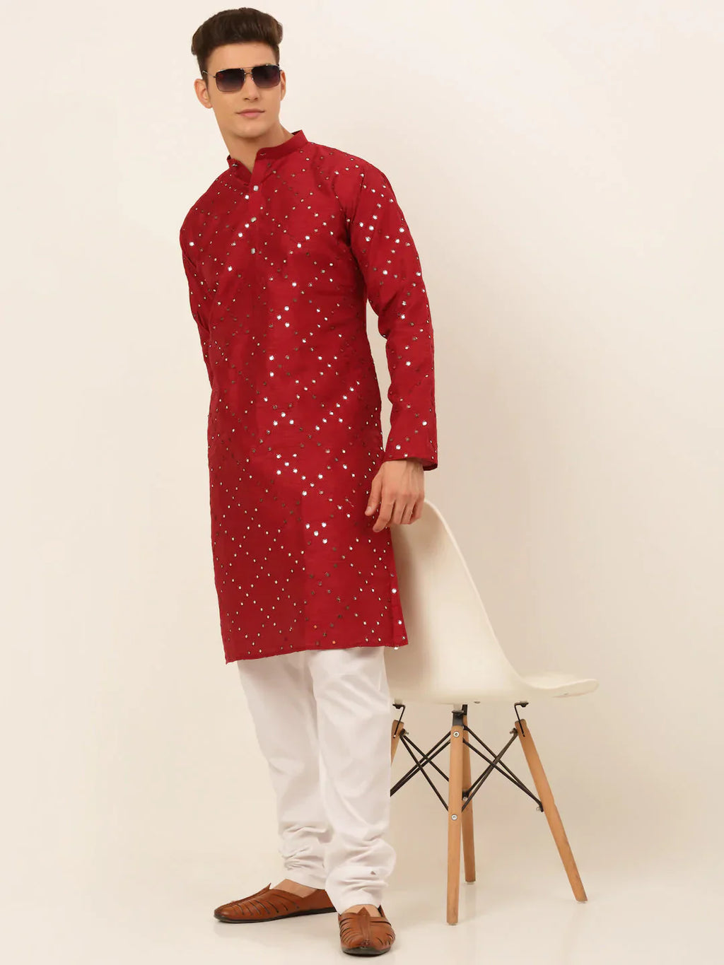 Jompers Men's Maroon Mirror Work Kurta Only