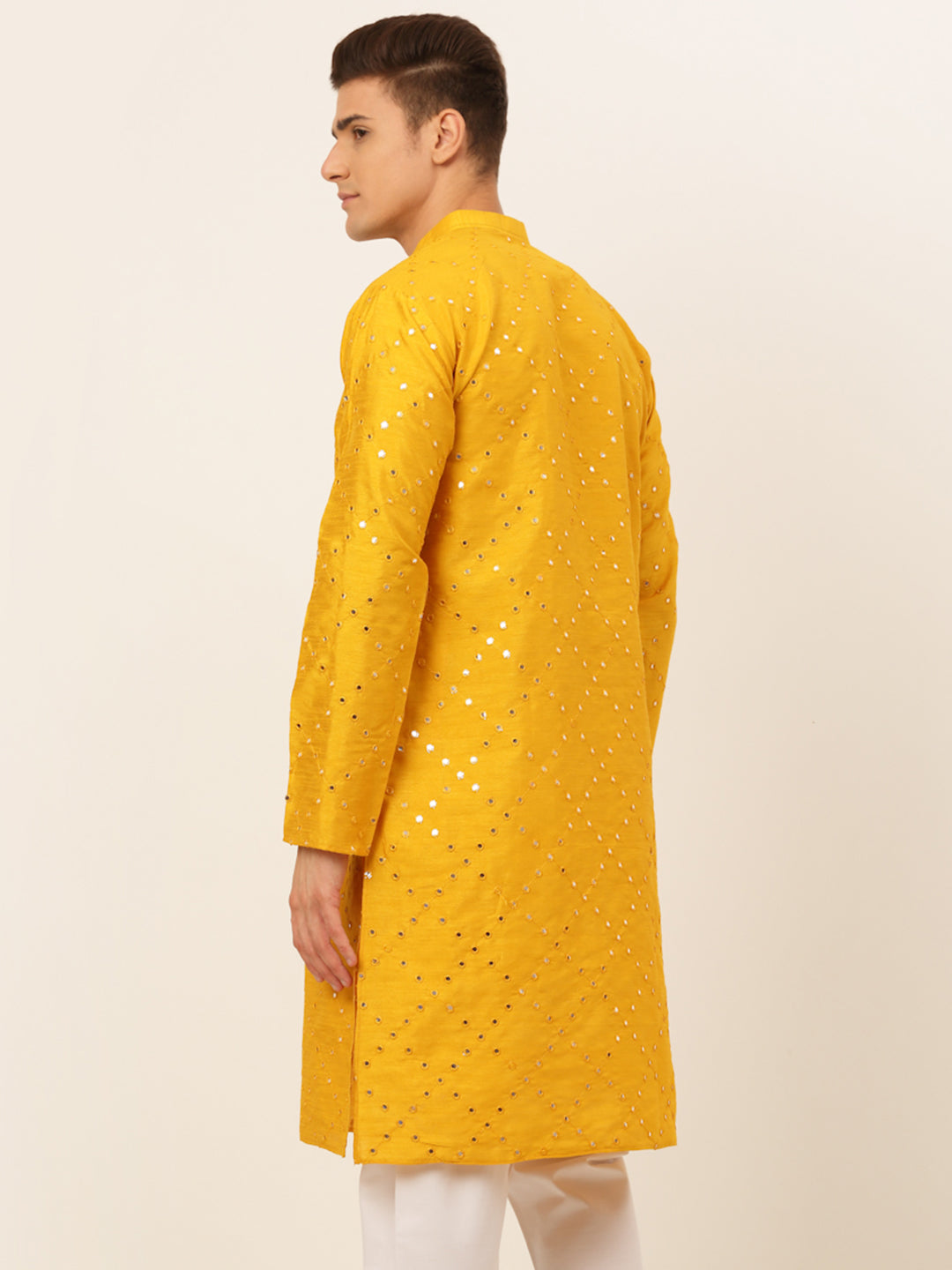 Jompers Men's Dupion Silk Embroidered Kurta - Mustard