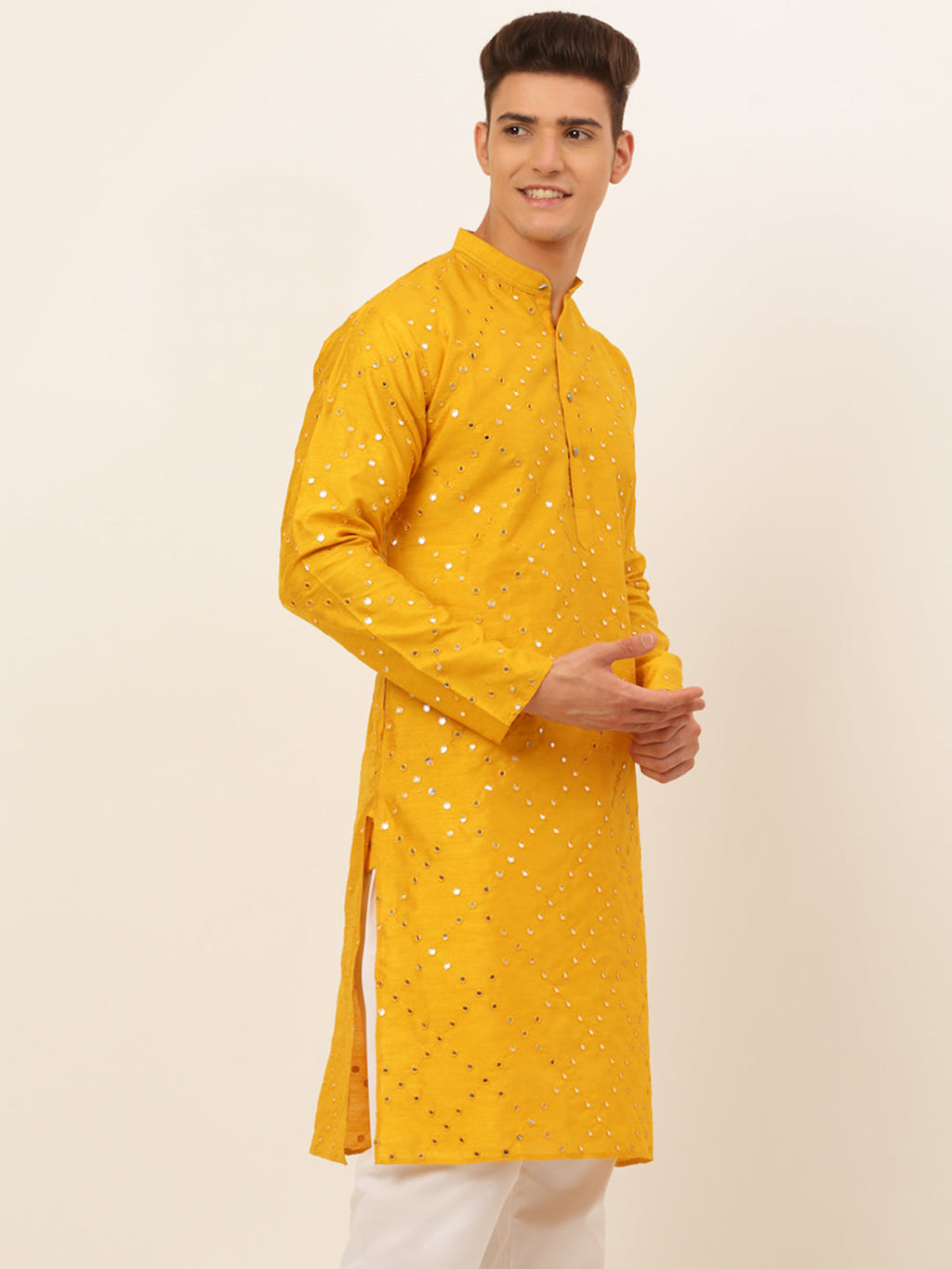 Jompers Men's Dupion Silk Embroidered Kurta - Mustard