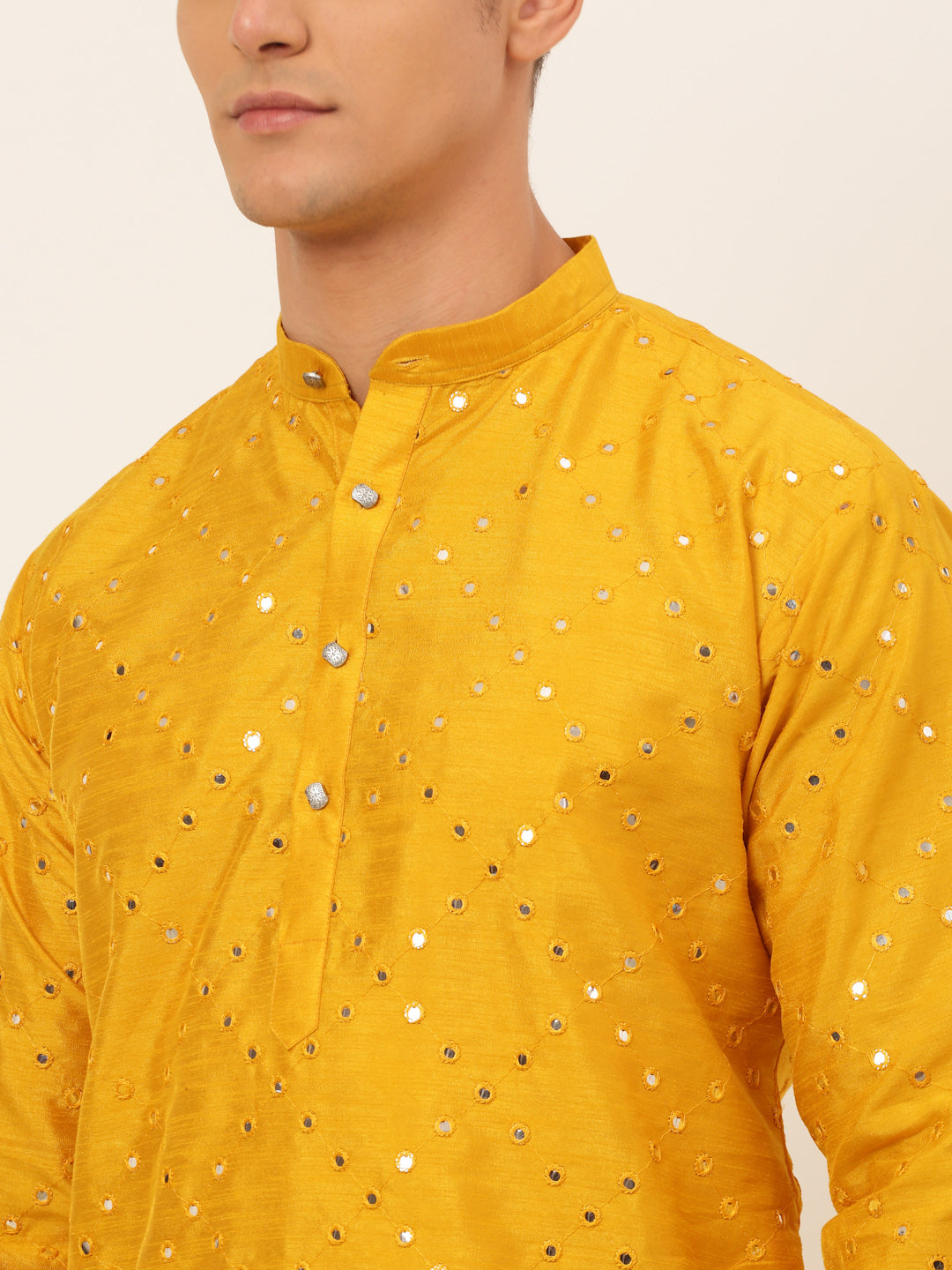 Jompers Men's Dupion Silk Embroidered Kurta - Mustard