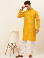 Jompers Men's Dupion Silk Embroidered Kurta - Mustard