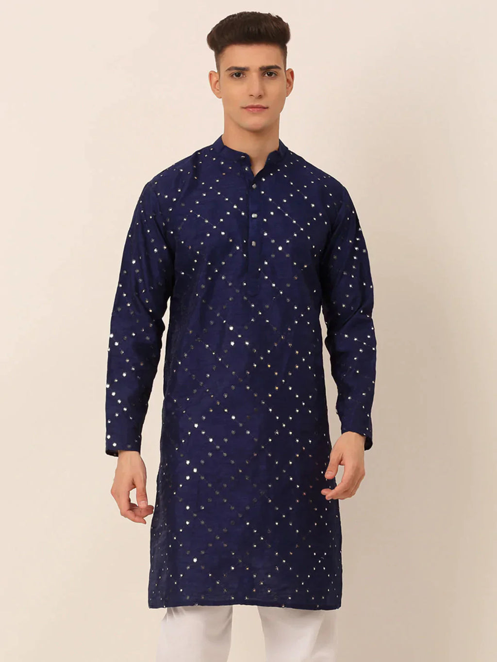 Jompers Men's Navy Blue Mirror Work Kurta Only