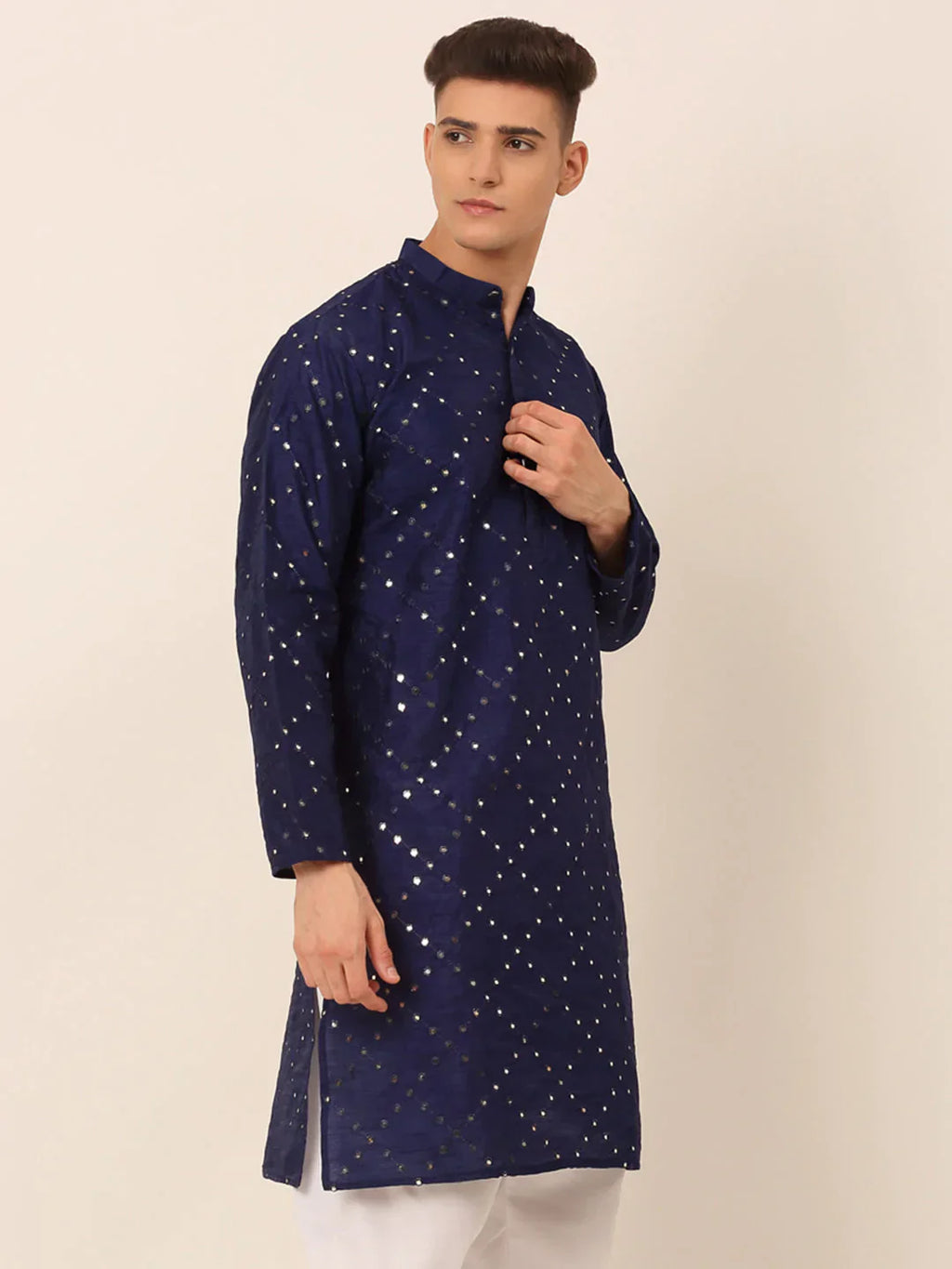 Jompers Men's Navy Blue Mirror Work Kurta Only