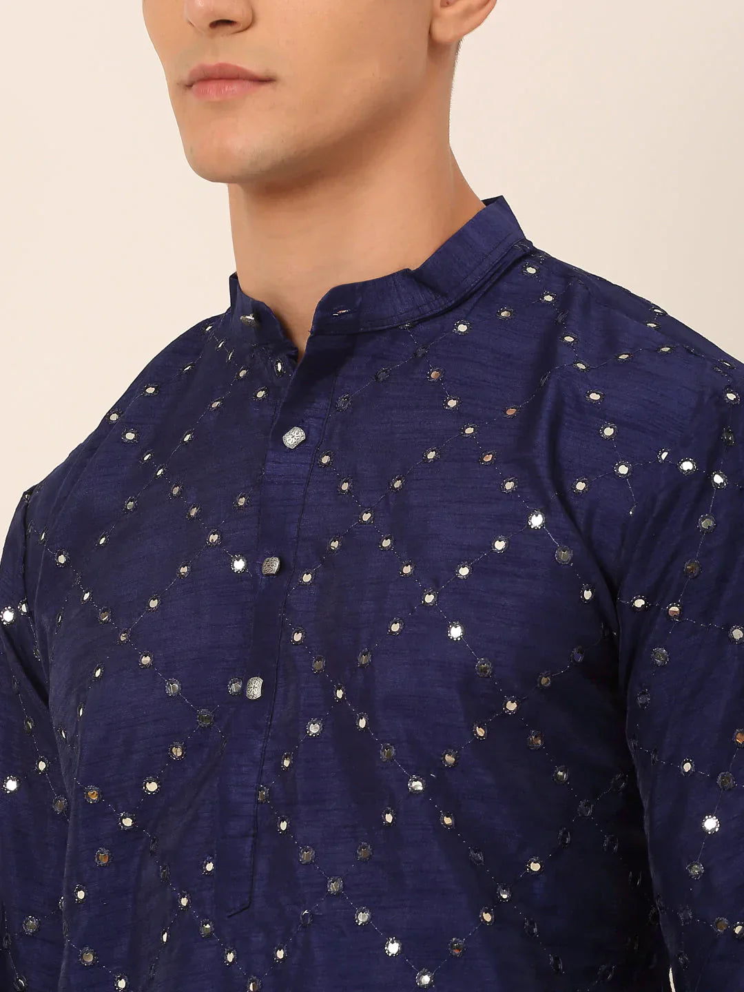 Jompers Men's Navy Blue Mirror Work Kurta Only