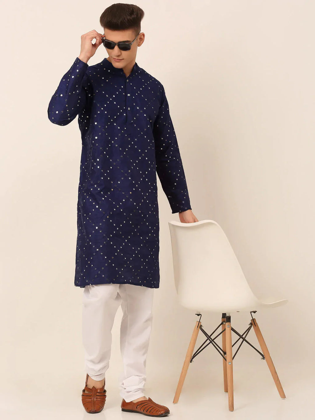 Jompers Men's Navy Blue Mirror Work Kurta Only