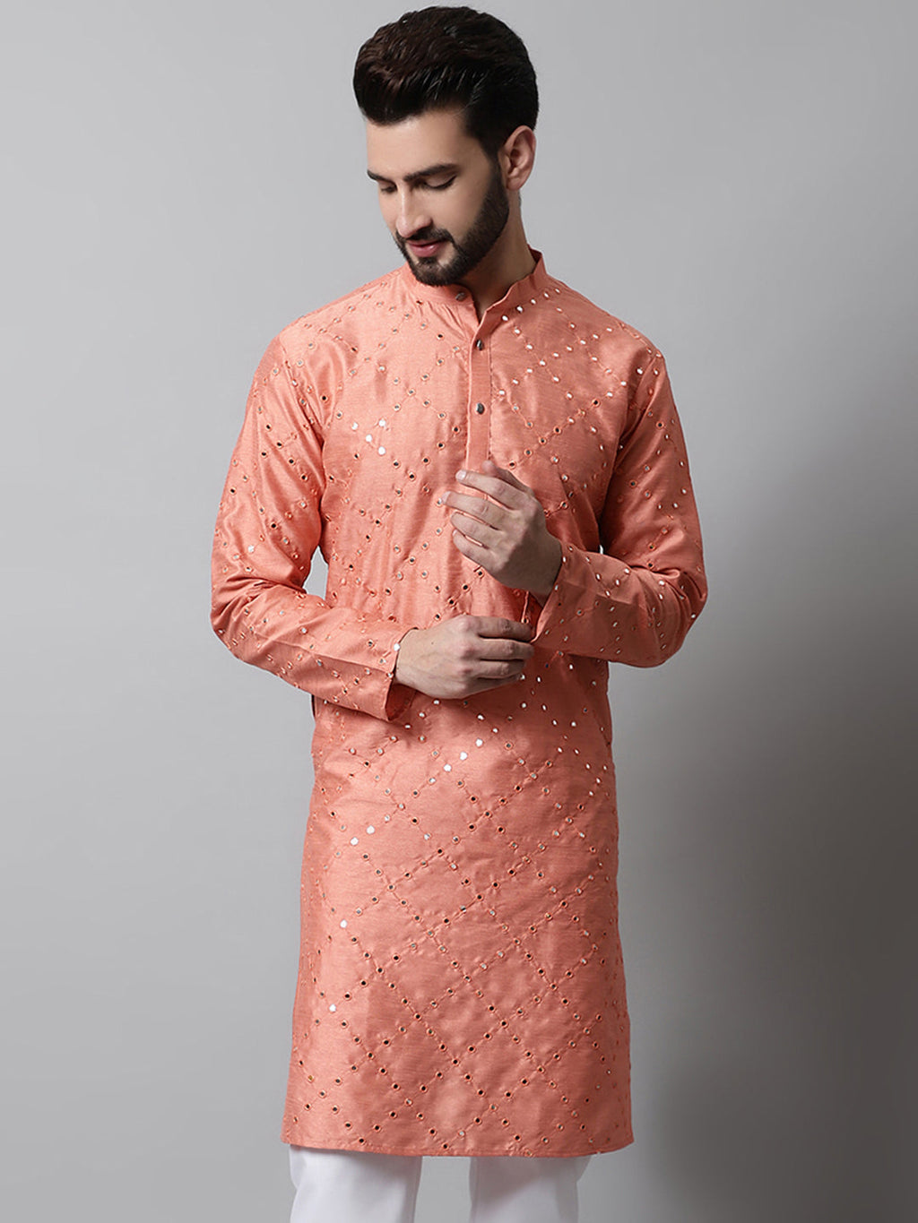 Jompers Men's Peach Embroidered Mirror Work Dupion Silk Kurta