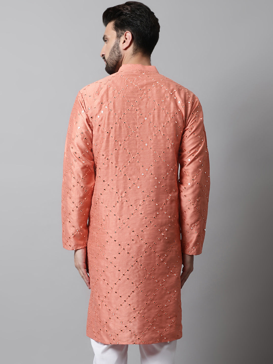 Jompers Men's Peach Embroidered Mirror Work Dupion Silk Kurta