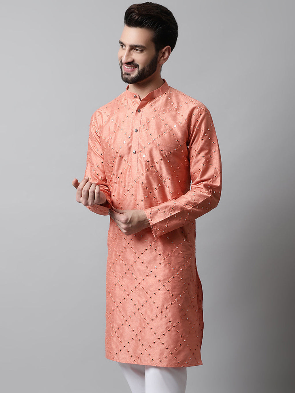 Jompers Men's Peach Embroidered Mirror Work Dupion Silk Kurta