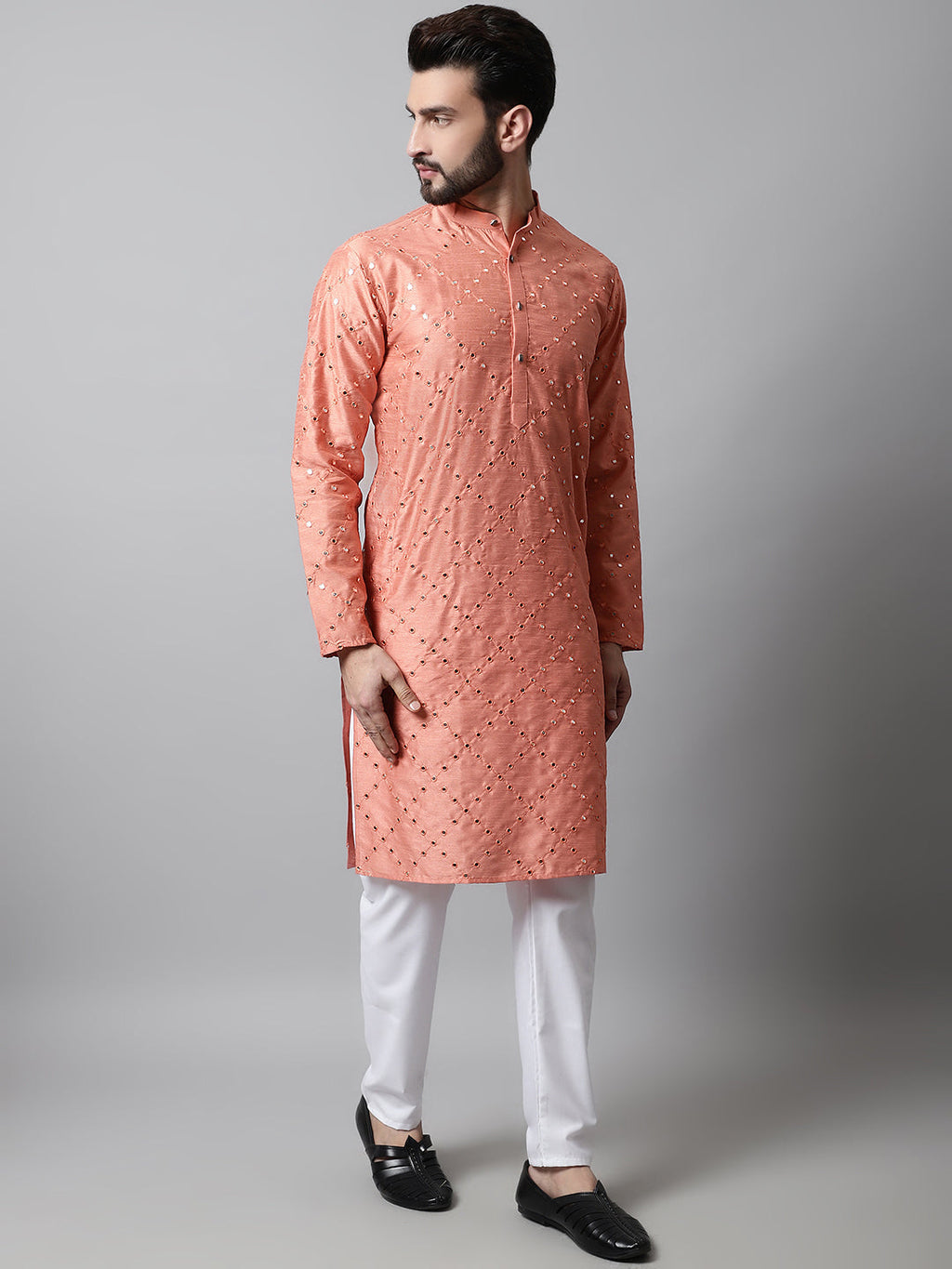 Jompers Men's Peach Embroidered Mirror Work Dupion Silk Kurta