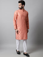 Jompers Men's Peach Embroidered Mirror Work Dupion Silk Kurta