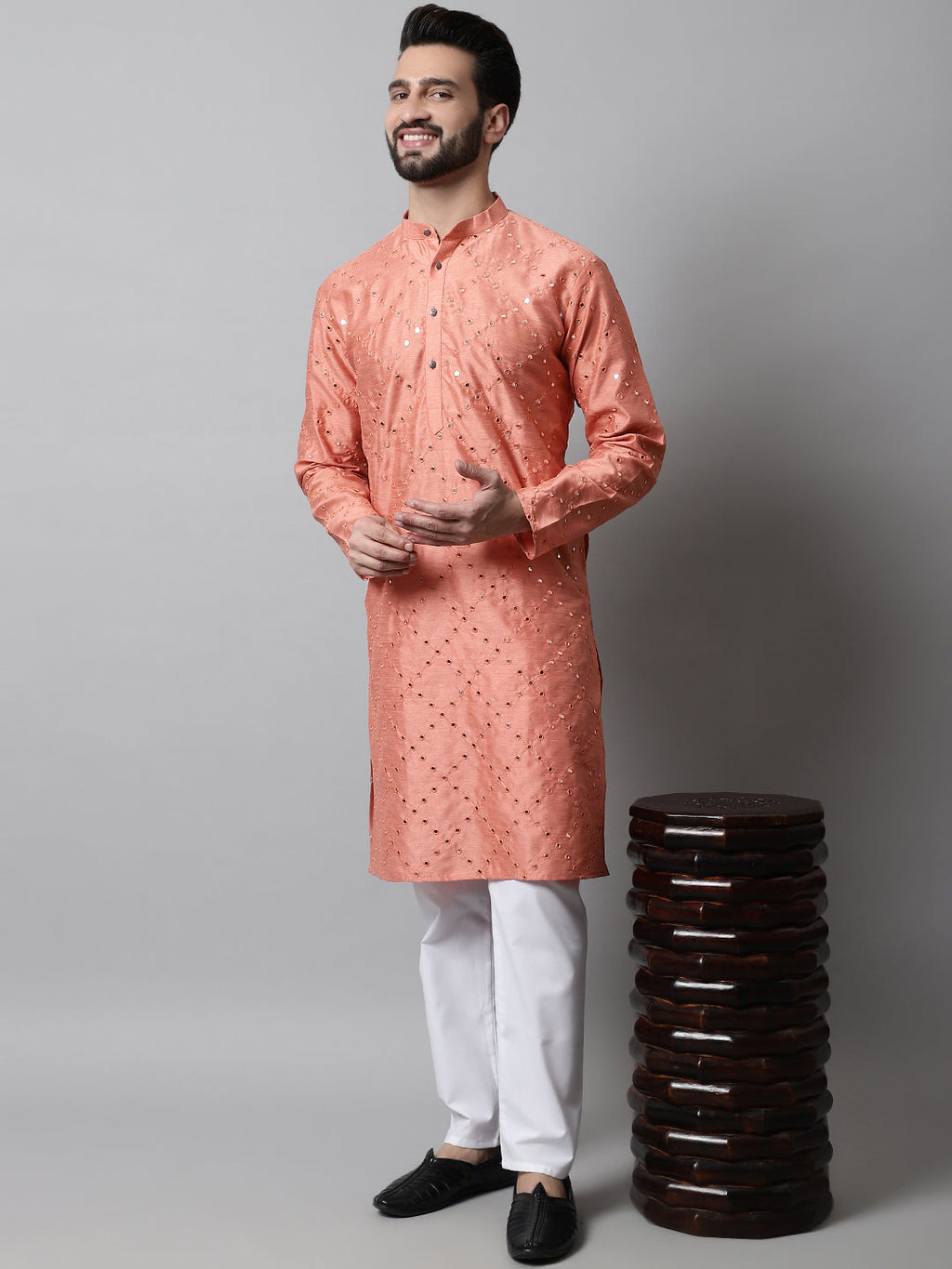 Jompers Men's Peach Embroidered Mirror Work Dupion Silk Kurta