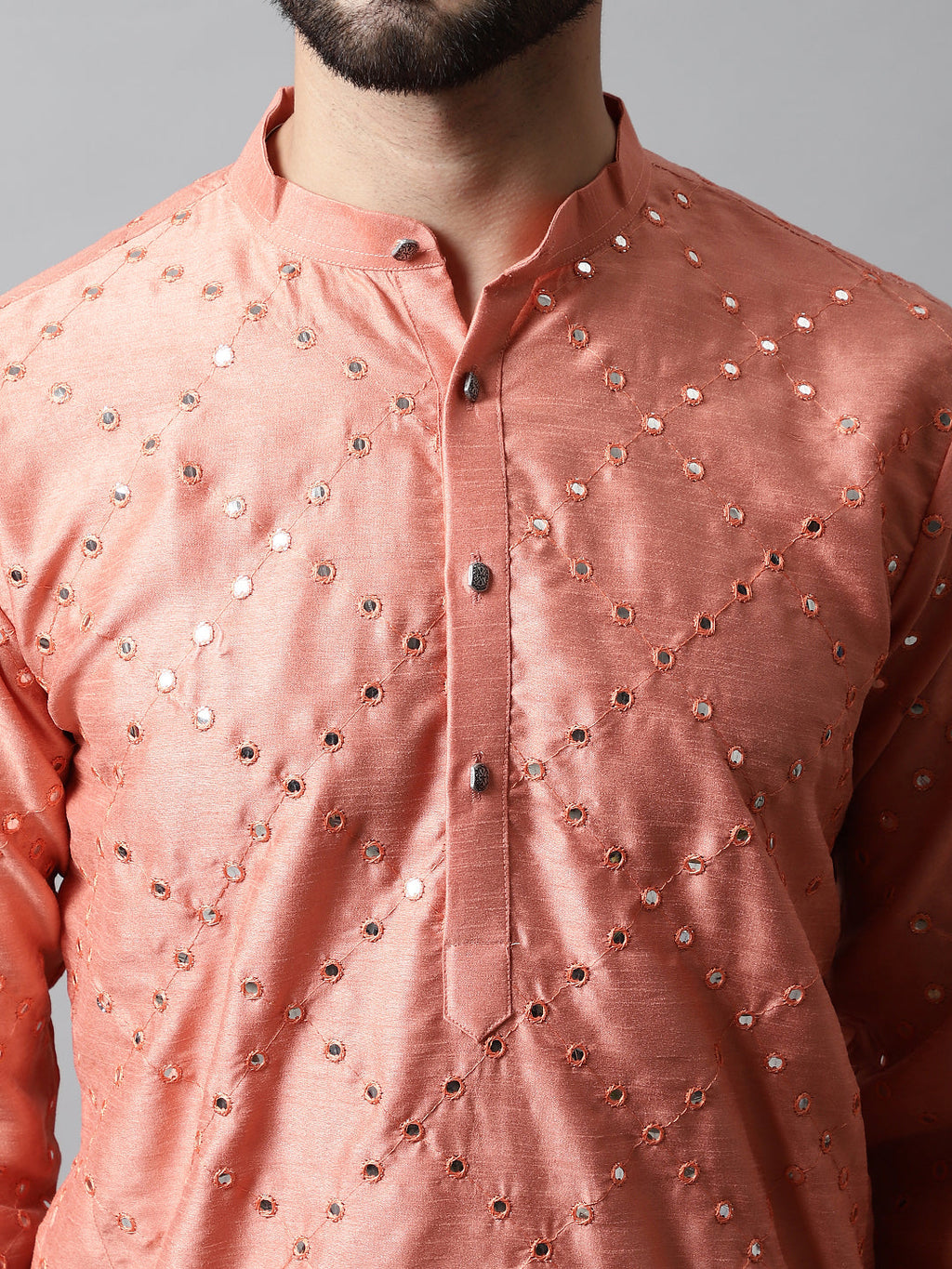 Jompers Men's Peach Embroidered Mirror Work Dupion Silk Kurta